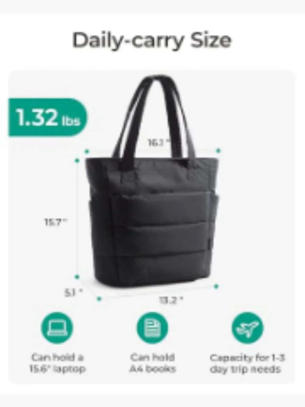 Puffer Tote Bag for Women, Lightweight Quilted Shoulder Bag, 20L for 15.6